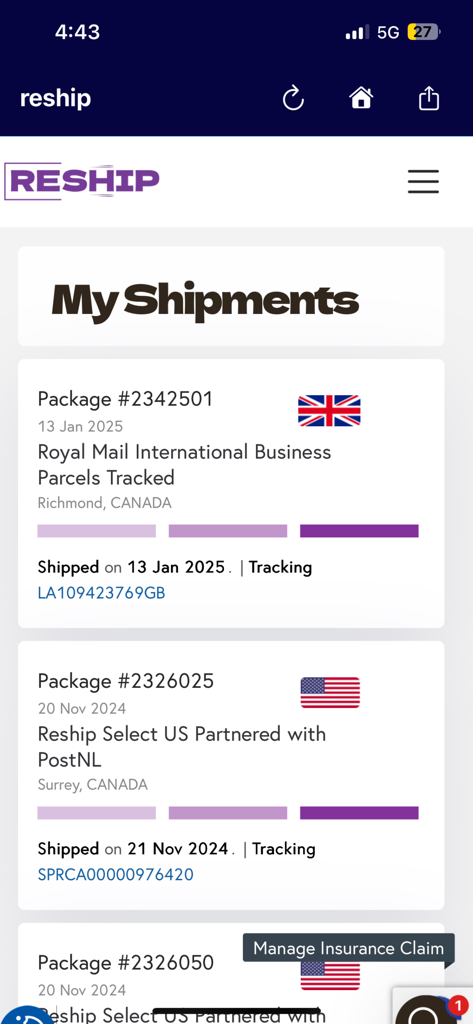 Painel do aplicativo Reship exibindo uma lista de remessas internacionais rastreadas com números de pacotes e status de envio
