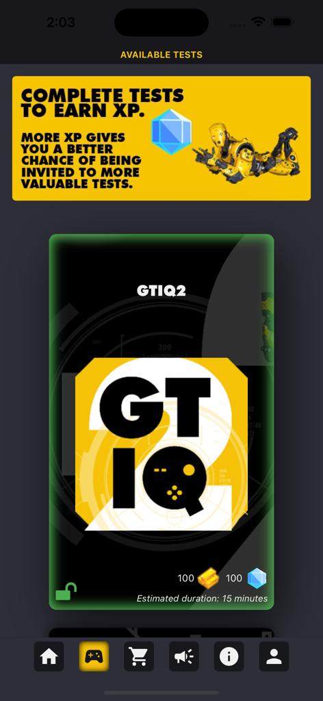 Game Tester App - Schermata dell'app Game Tester che mostra i test disponibili e un banner per guadagnare ricompense XP