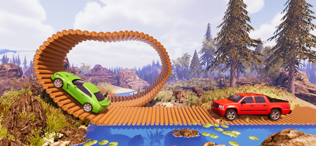 Car Crash Simulator Mega Jump - A green sports car driving on a wooden loop ramp and a red pickup truck on a wooden bridge over water in a forest setting