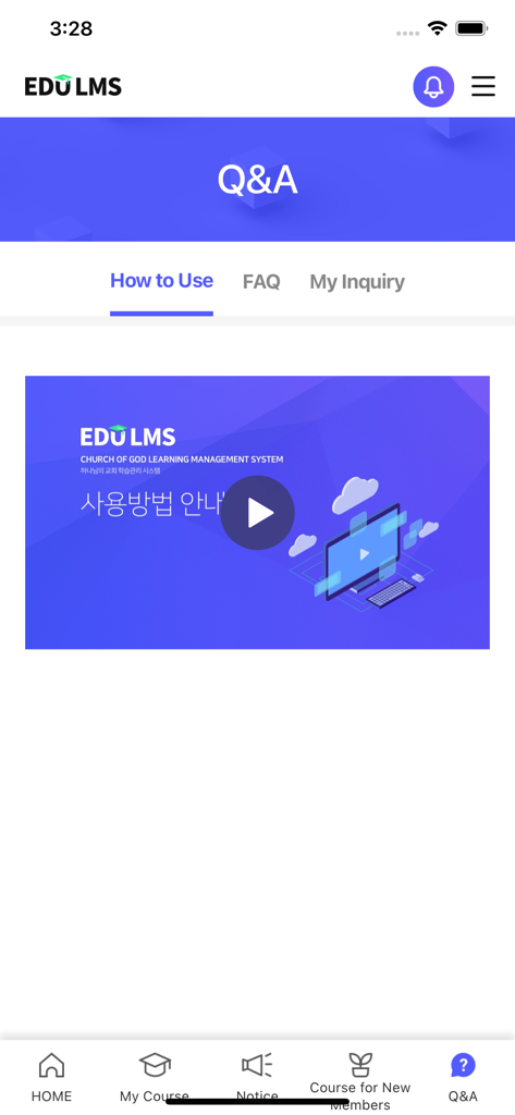 EDU LMS - The Q and A support page in the EDU LMS app featuring a video tutorial on how to use the system