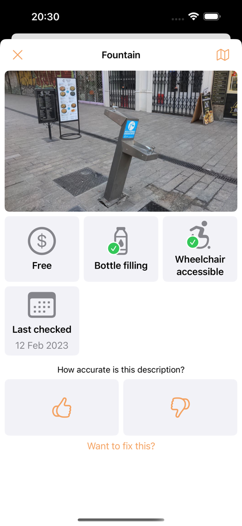 Water Finder — Find Fountains - Water Finder app screen showing features of a public fountain including bottle filling and wheelchair accessibility