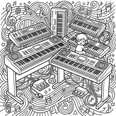 Explore the fascinating world of electronic music with this vibrant coloring template featuring a collection of digital pianos and keyboards. This detailed illustration offers a symphony of shapes and patterns, inviting colorists of all ages to express their musical creativity.