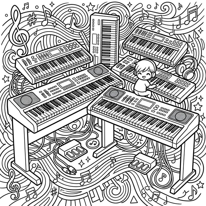 Explore the fascinating world of electronic music with this vibrant coloring template featuring a collection of digital pianos and keyboards. This detailed illustration offers a symphony of shapes and patterns, inviting colorists of all ages to express their musical creativity.