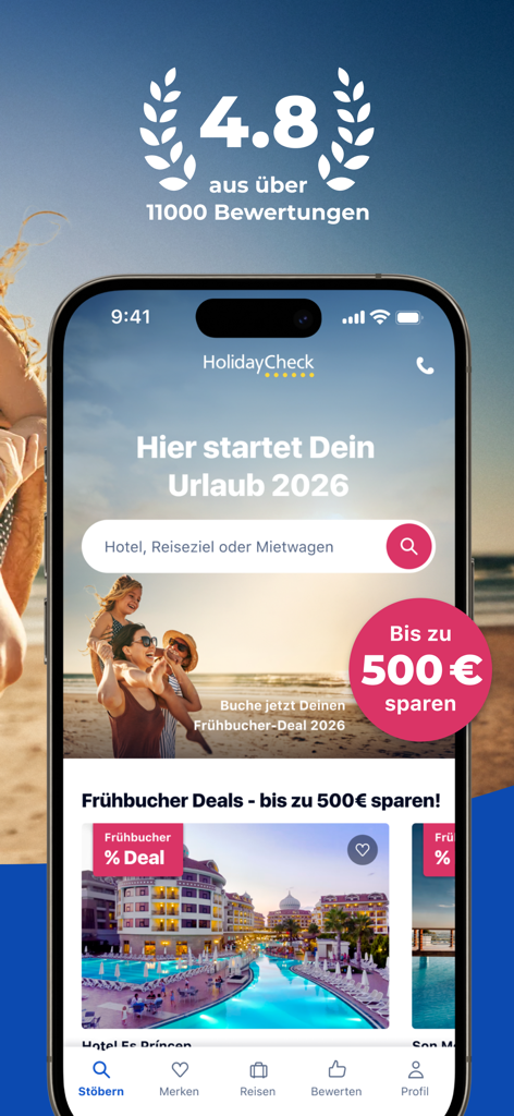 HolidayCheck - Travel & Hotels - Pantalla de inicio de la aplicación HolidayCheck mostrando una barra de búsqueda de hoteles y ofertas de viajes de reserva anticipada.