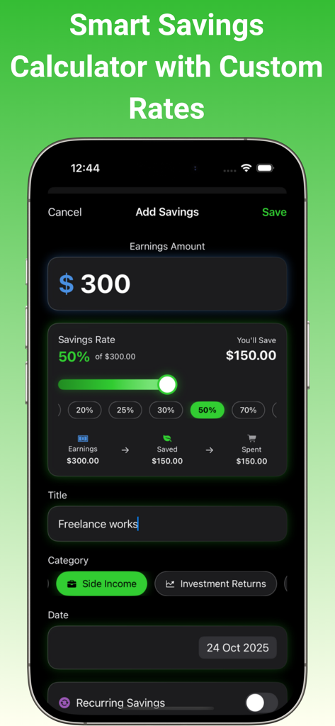 Savings - Money Tracker - Interface of the Savings app showing a calculator for adding savings from freelance income with a 50 percent savings rate slider.