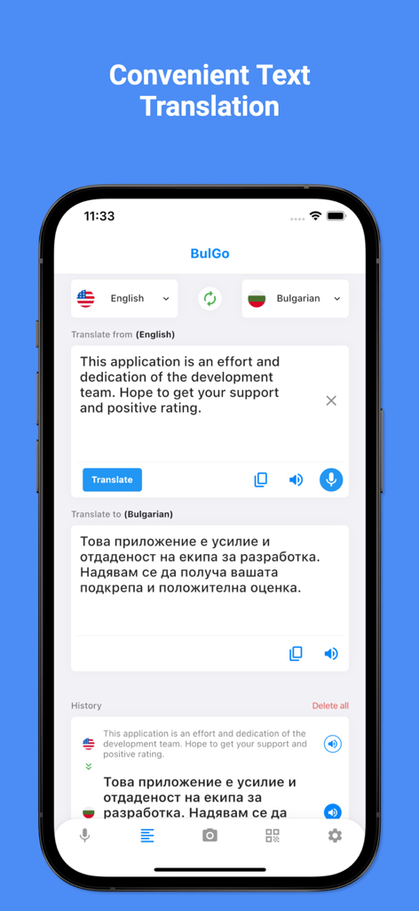 Interfaz de usuario de la aplicación BulGo mostrando una conveniente traducción de texto del inglés al búlgaro