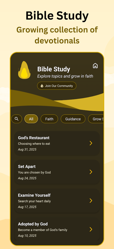 Torch - Bible Chat - Interface of the Torch Bible Chat app showing a list of Bible study devotionals.