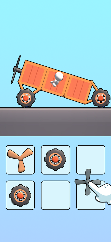 Car Maker: Trailblazer - A 3D car building interface in Car Maker Trailblazer showing an orange vehicle with wheels and a propeller.