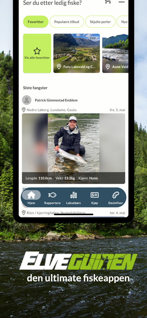 Elveguiden app interface showing latest salmon catches and fishing locations in Norway