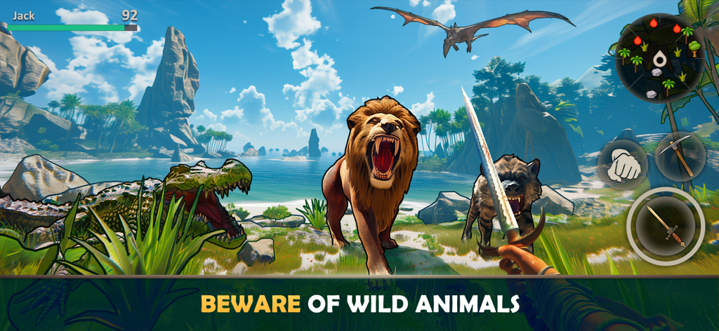 Survival Island: EVO 2 Game - Vista en primera persona de un jugador sosteniendo una espada frente a un león rugiente y un cocodrilo en una playa de isla tropical