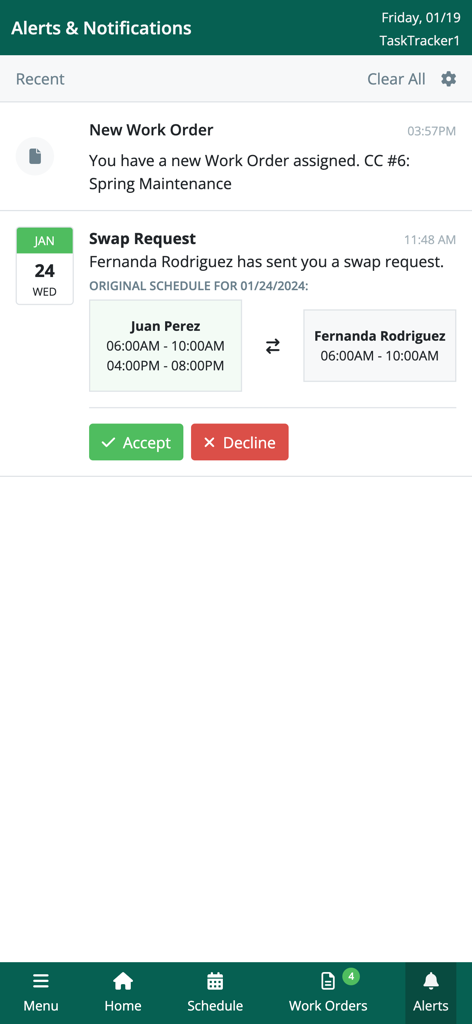 ASB Employee - Screenshot of the Alerts and Notifications screen in the ASB Employee app displaying a new work order and a shift swap request.