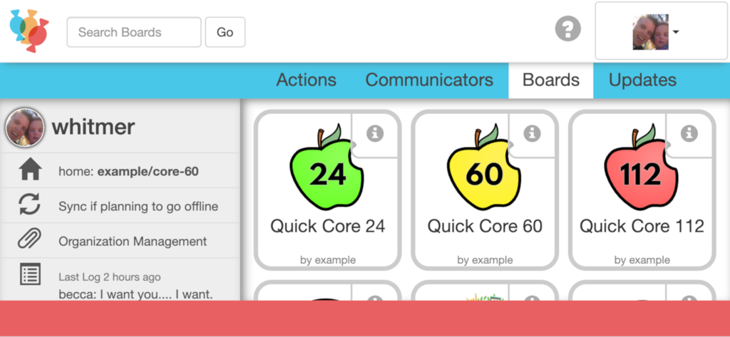CoughDrop - CoughDrop AAC app interface displaying various communication board options like Quick Core 24, 60, and 112