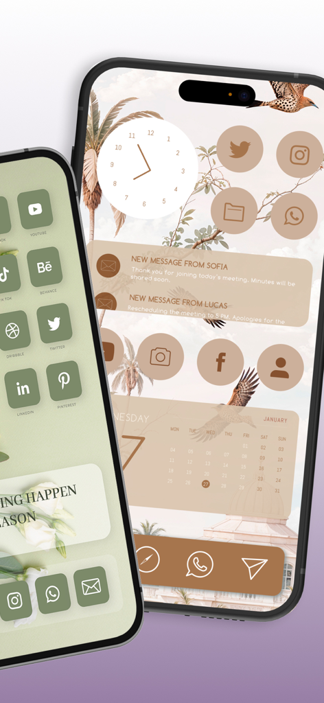 Two iPhones displaying customized home screens with aesthetic icon packs and widgets in green and brown tones