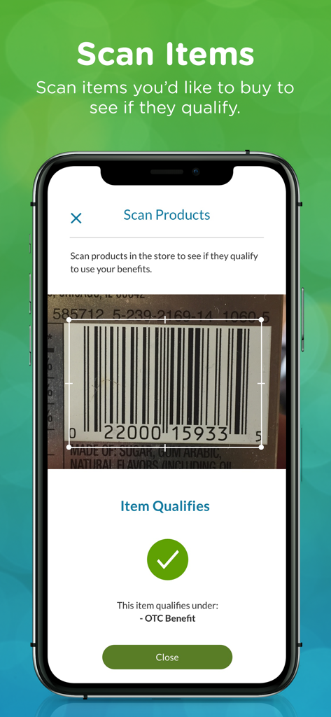 Healthy Benefits Plus app scanning a product barcode to check for OTC benefit eligibility.