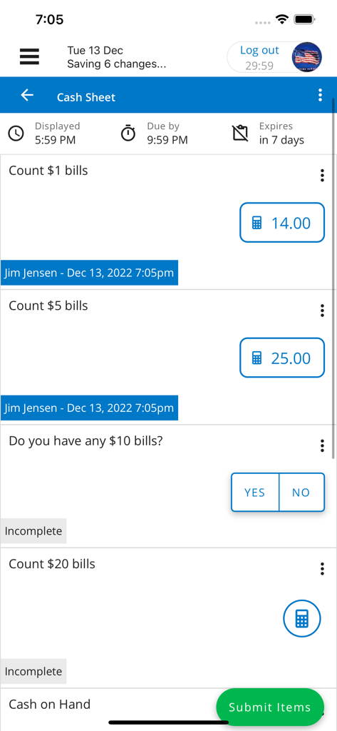 Jolt app screen showing a digital cash sheet for counting currency and tracking employee tasks