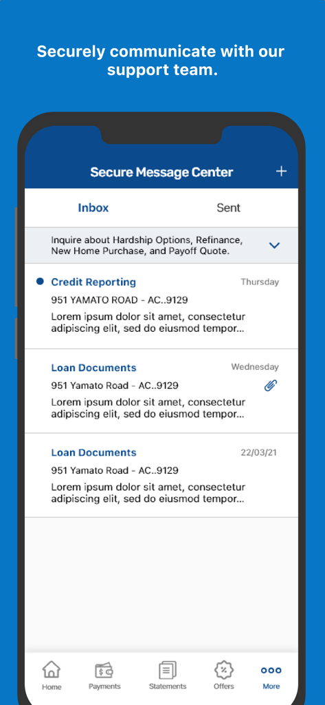 Freedom Mortgage mobile app secure message center showing an inbox with messages about credit reporting and loan documents