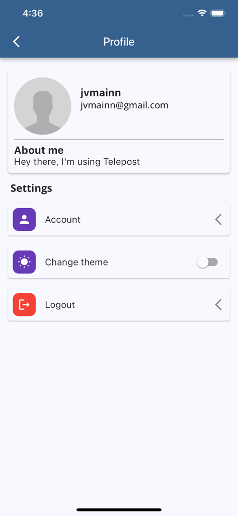 Interfaz de perfil de usuario de la aplicación Telepost que muestra la configuración de la cuenta y un interruptor de tema de modo claro/oscuro.