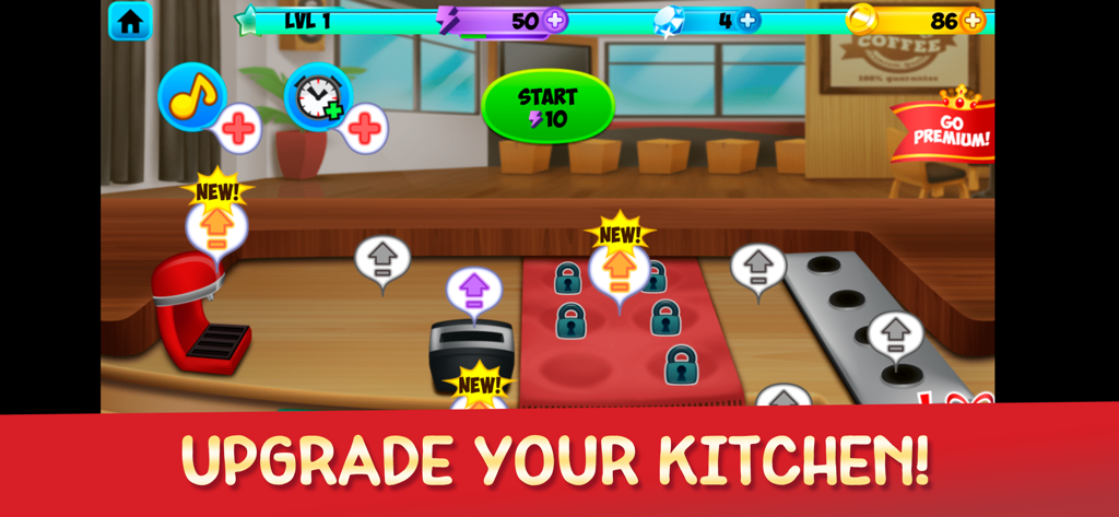 My Coffee Shop - Cafeteria - Interfaccia per aggiornare gli elettrodomestici da cucina nel gioco di simulazione My Coffee Shop