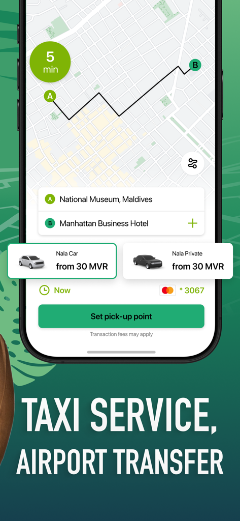 Maldives Rides: Nala Taxi - Tela do aplicativo Nala Taxi mostrando uma rota de corrida e preços fixos nas Maldivas