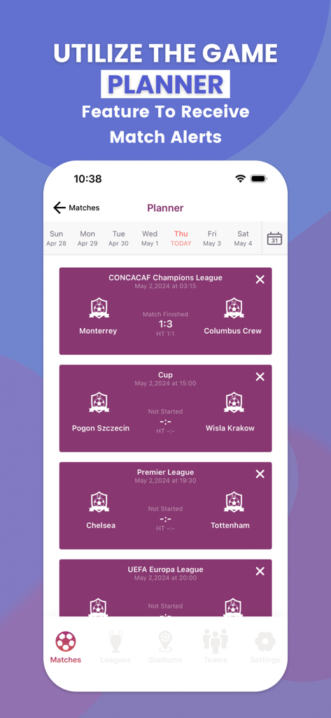 Nova Soccer : Live Sport Score - Schermata del pianificatore di partite dell'app Nova Soccer che mostra avvisi di partite di calcio imminenti e calendari per vari campionati