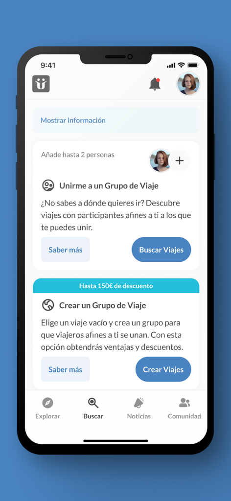 Uniite Travel app interface with options to search or create a travel group