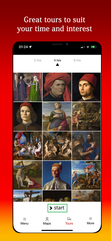 National Gallery Audio - National Gallery Audio app interface for selecting museum tours based on duration