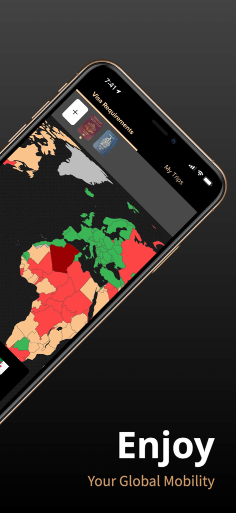 A smartphone showing a world map with color coded visa requirements in the Passport Index mobile app.