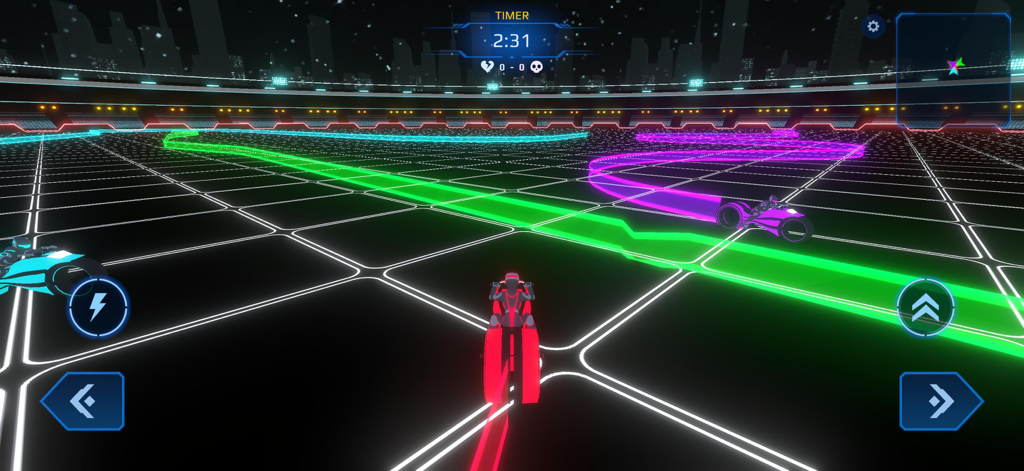 A futuristic neon bike battle in a digital arena with glowing light trails