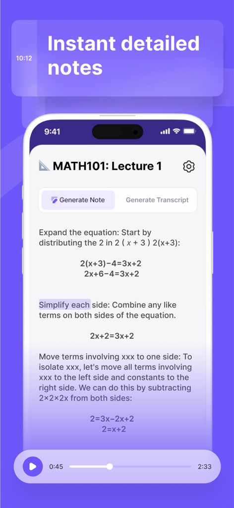 Unstuck AI Note Taker - Interface of the Unstuck AI app showing detailed step-by-step notes for a math lecture.