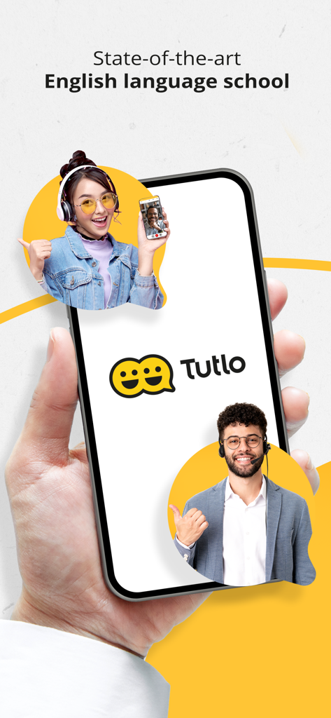 A smartphone displaying the Tutlo online English school app interface with tutor profiles.