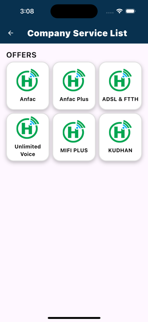 Edata - Edata app screen displaying Hormuud internet and voice service offers including Anfac and Mifi Plus