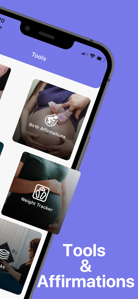 Ein Smartphone, das die Zen Pregnancy App Tools-Menü mit Geburtsaffirmationen und einem Gewichtstracker anzeigt.