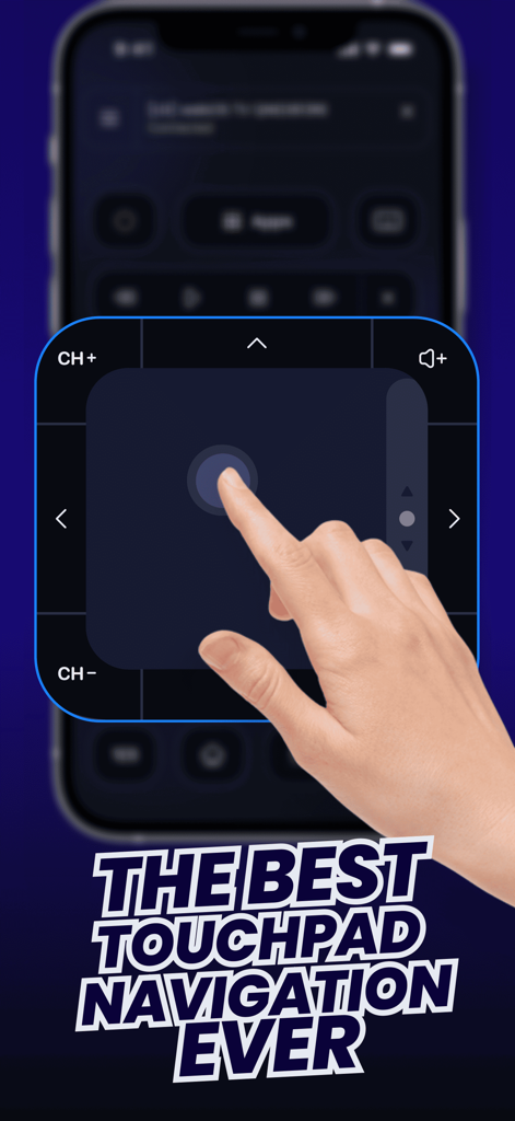 TV Remote Universal Control - Una mano usando la navegación por panel táctil digital en un iPhone para la aplicación TV Remote Universal Control.