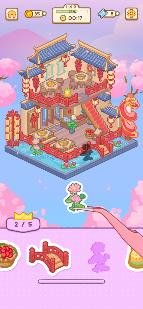 Charmies Land: Sticker Doodle - 桜と蓮のステッカーが置かれた伝統的な家屋のシーンを特徴とするカワイイステッカーパズルゲーム