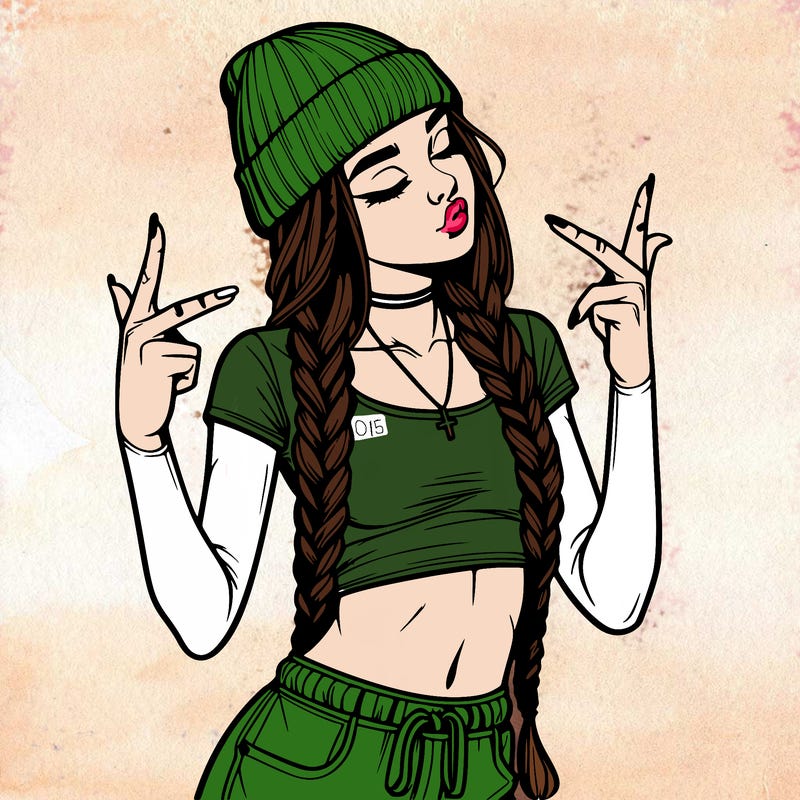 realistic teenage girl with braids and a beanie and crop top doing 🫶🏼