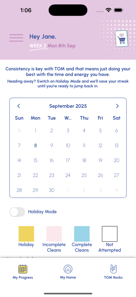 Visualizzazione del calendario mensile nell'app TOM che monitora i progressi delle pulizie e la modalità vacanza