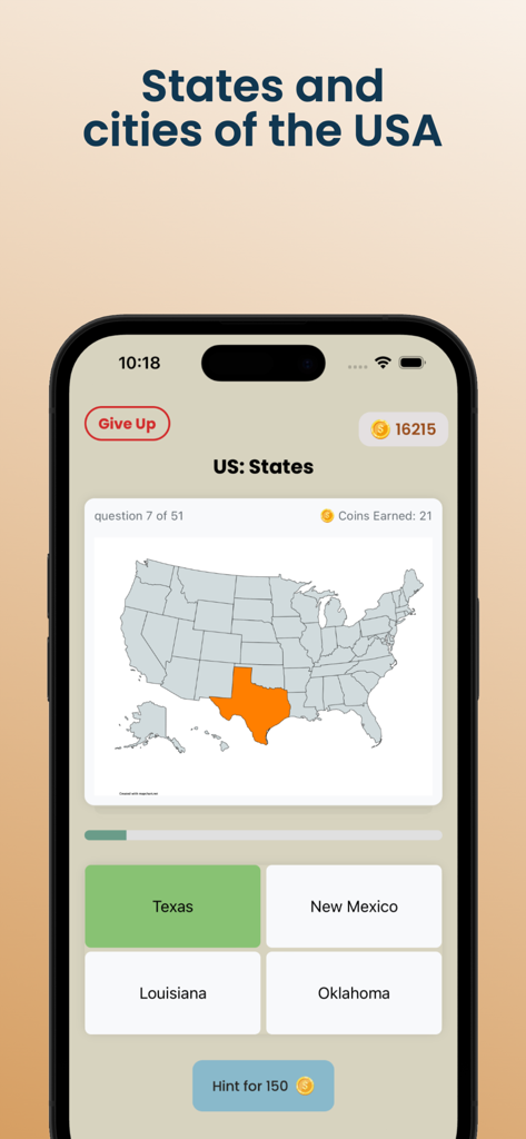 Flagsy - World Geography Quiz - Un écran de smartphone affichant le quiz de géographie de l'application Flagsy identifiant l'État du Texas sur une carte des États-Unis.