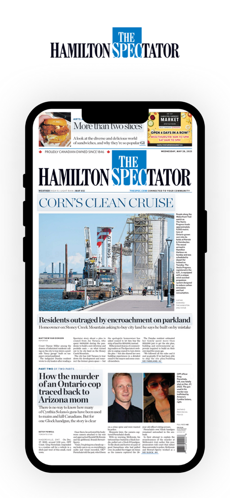 The Hamilton Spectator ePaper - A smartphone displaying the front page of The Hamilton Spectator digital ePaper edition.