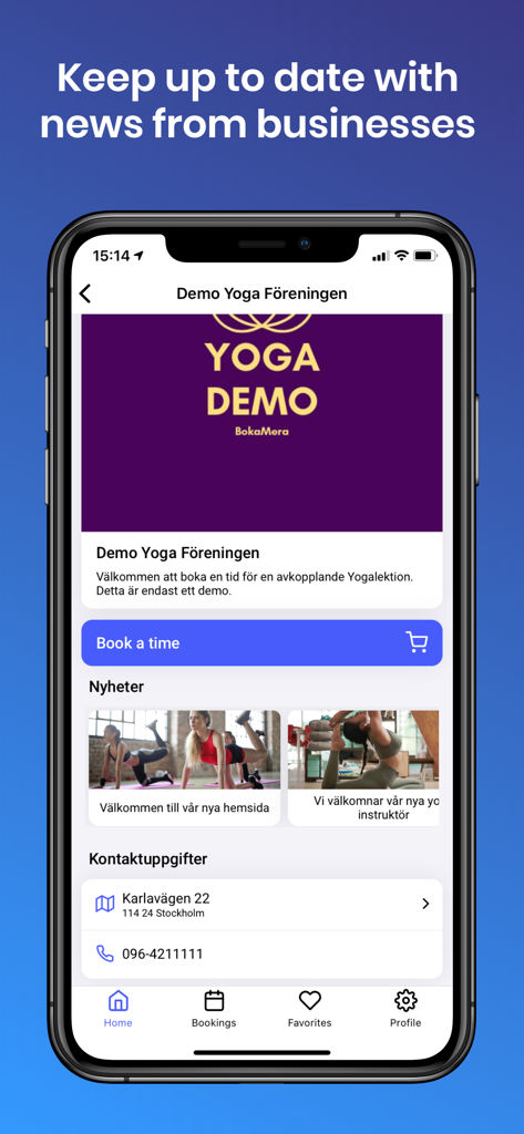 BookMore - BookMore app interface showing a yoga business profile with news and booking options