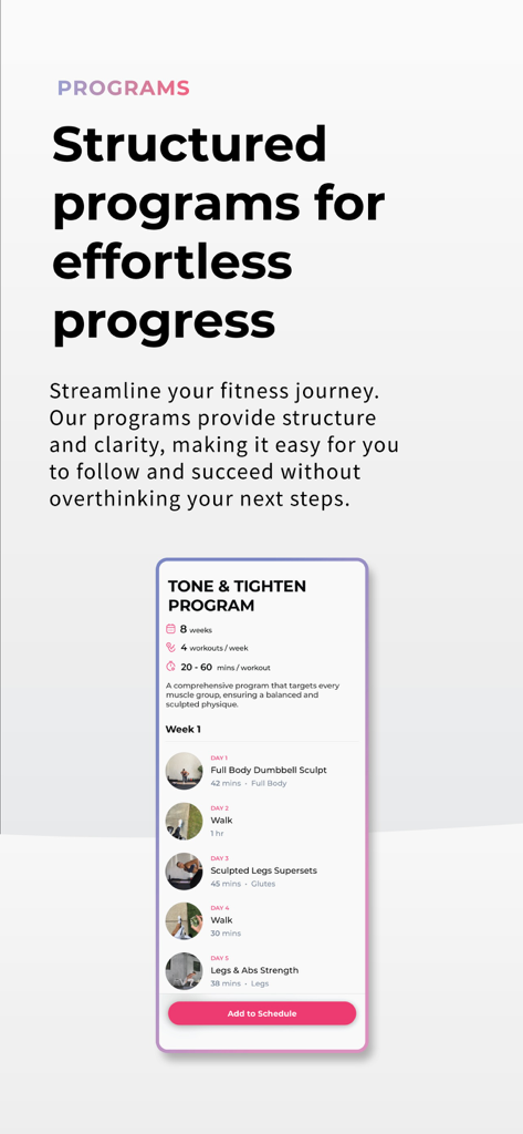 Studio Era app screen showing a structured fitness program and weekly workout schedule