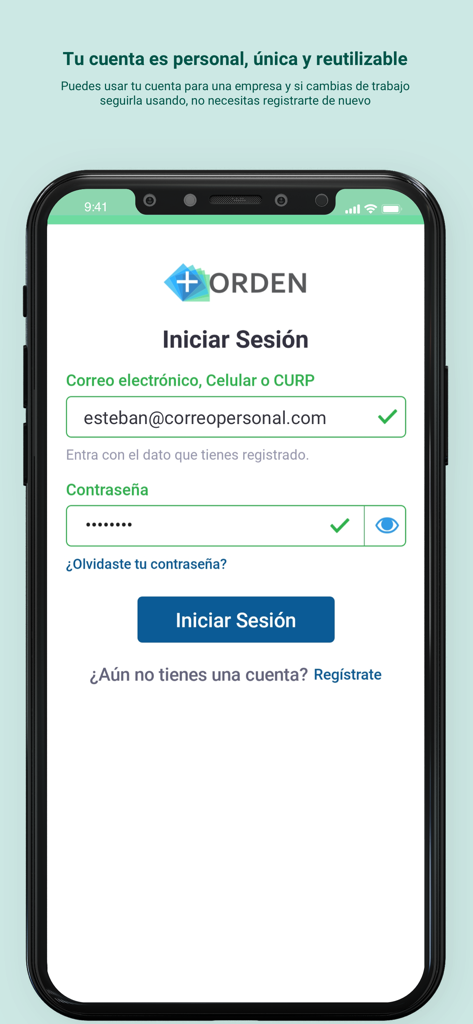 Pantalla de inicio de sesión de la aplicación móvil de autoservicio de RR.HH. +ORDEN con campos para correo electrónico y contraseña en español.