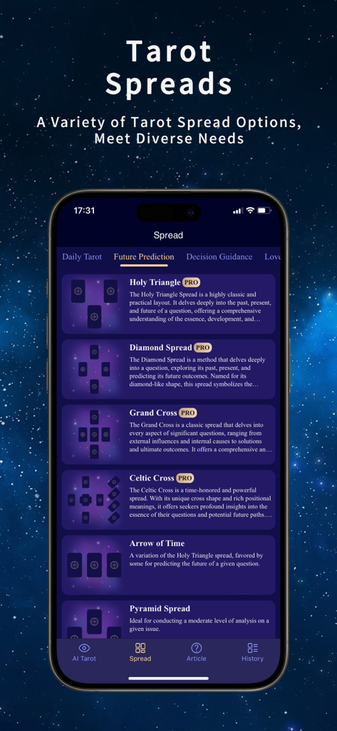 Pantalla de la aplicación móvil Asistente de Tarot IA que muestra varias opciones de tiradas de tarot como el Triángulo Sagrado y la Cruz Celta.