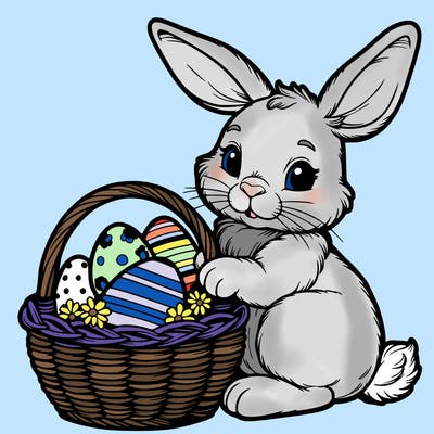 easter bunny with a basket with eggs realistic
