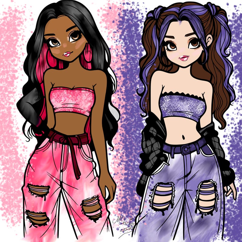 2 girls in crop tops and baggy jeans ripped