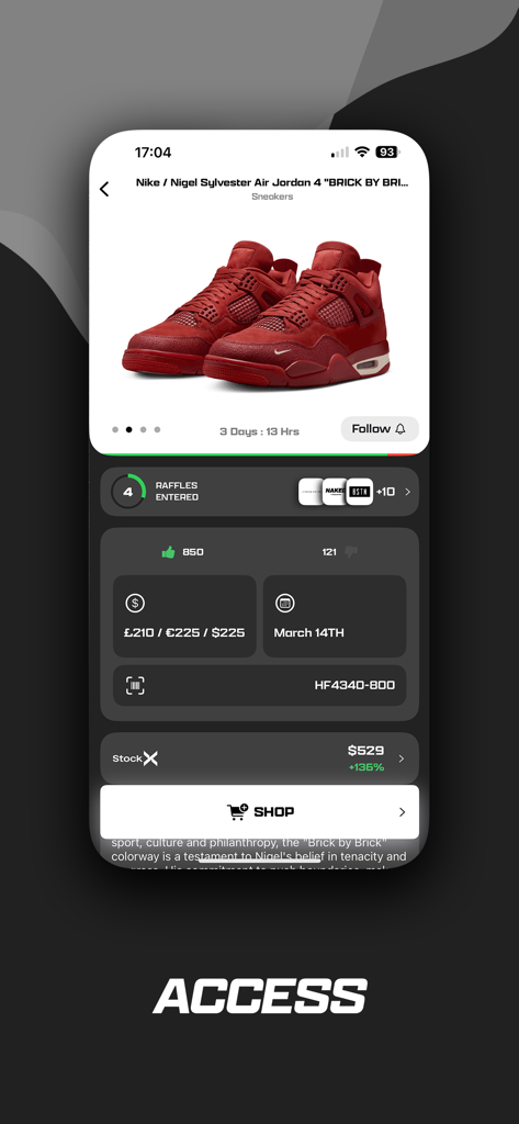Droplist - Product details screen in the Droplist app for the Nigel Sylvester Air Jordan 4 sneaker showing price raffle and resale data