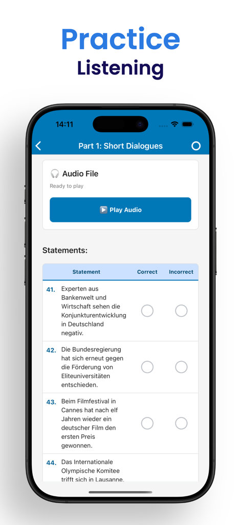 German Exam Prep | B2 Prüfung - iPhone screen showing a German B2 listening exam practice session with an audio player and a table of true or false statements.