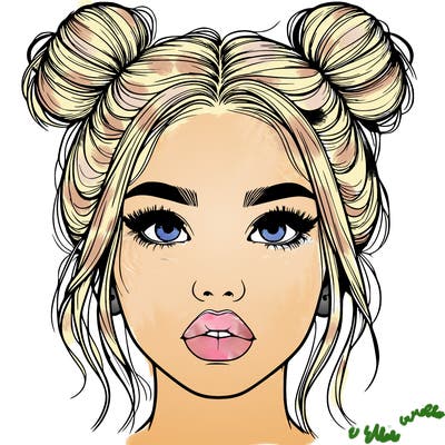 realistic girl with two buns on her hair and lips