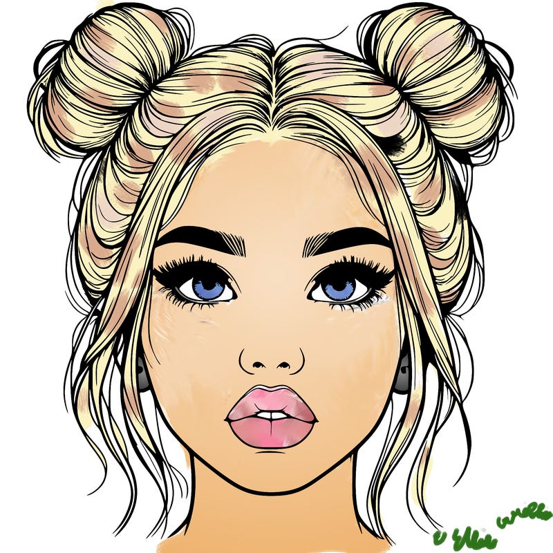 realistic girl with two buns on her hair and lips