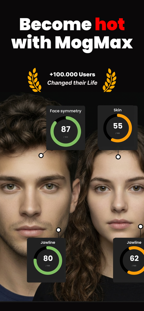 MogMax AI - LooksMax AI Rating - MogMax AI app interface displaying facial symmetry skin and jawline scores for a man and a woman