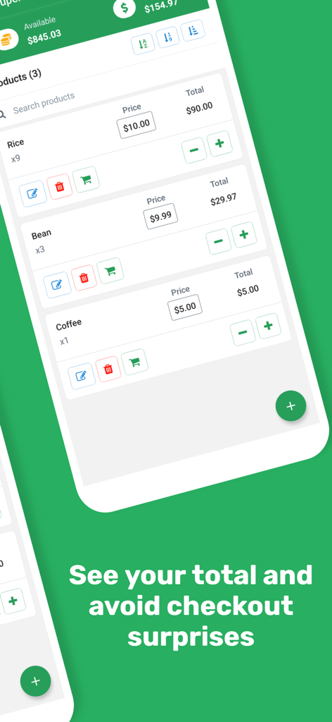 Grocery Shopping List - Listay - Listay app interface showing a grocery shopping list with real-time price tracking and total calculations for items like rice and beans